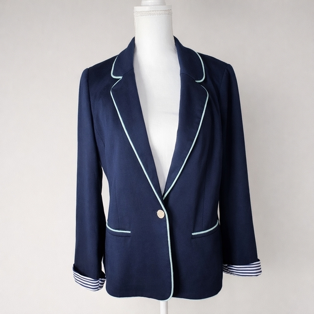 NWT Yumi Navy Blazer Mint Piping Preppy Nautical Striped Tailored Jacket US10/12